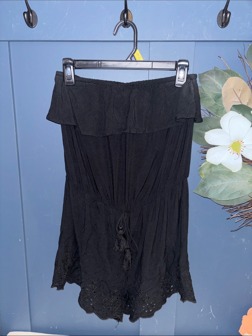 Mossimo Supply Co. Black Off-Shoulder Romper with Tassel Tie